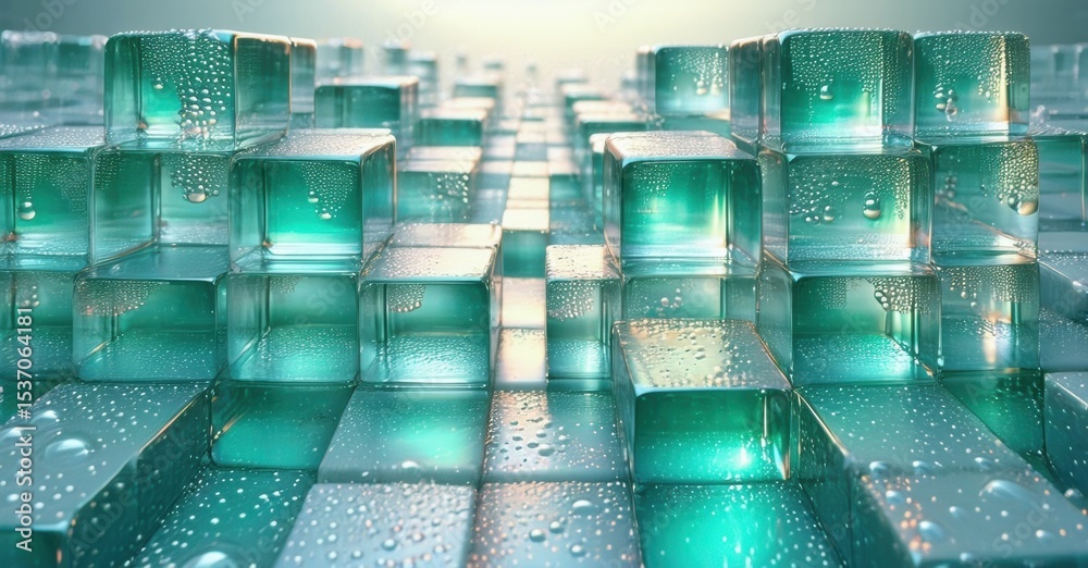 Poster abstract turquoise cubes extend into distance. water droplets cover surfaces creating reflective, fu