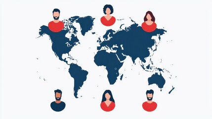 A world map with six diverse illustrated people placed over different continents, symbolizing global connection and diversity.