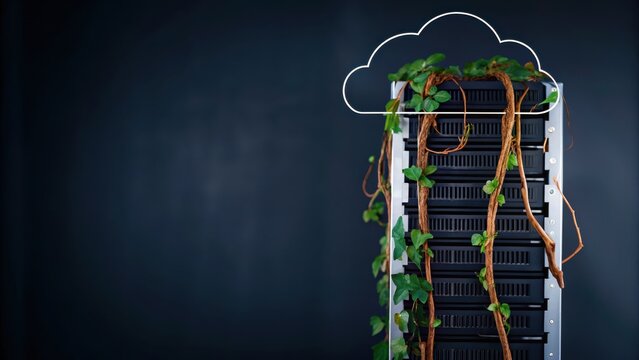 A server rack with vines growing on it, topped by a cloud icon, symbolizes eco-friendly cloud computing and green technology.