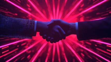 Two people shaking hands in a dark setting with a vibrant red light burst background, symbolizing agreement, partnership, or collaboration.