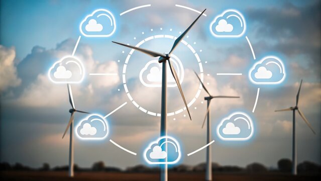 A wind farm with turbines under a cloudy sky, featuring digital cloud icons and a tech interface overlay.