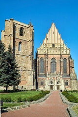 medieval campanile and facade of a gothic church in the city of Nysa