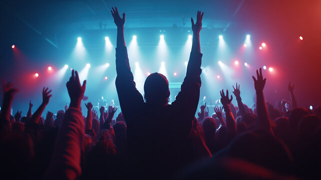 Fans waving their arms and cheering at a rock concert at a music festival