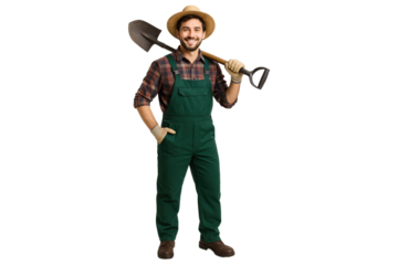 Smiling farmer holding shovel over shoulder, isolated on transparent background