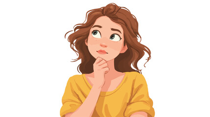 A digital illustration depicting a young woman with shoulder-length brown, wavy hair. She is looking upward with a thoughtful expression and has her hand gently resting on her chin.