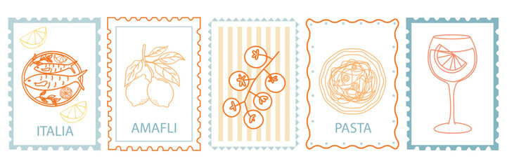 Hand drawn Italy postcard illustrations. Sardine, lemon, tomato, pasta. Italian travel and food doodles in retro stamp frames. Vector flat linear design. © Huma Fida