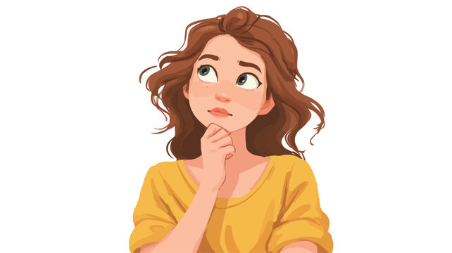 A digital illustration depicting a young woman with shoulder-length brown, wavy hair. She is looking upward with a thoughtful expression and has her hand gently resting on her chin.