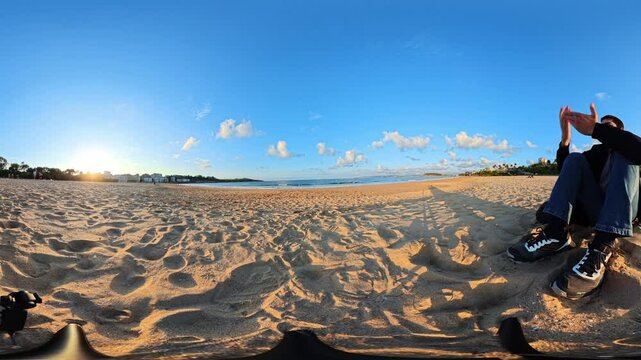 Timelapse 360 Equirectangular Sardinero Beach Sunset Santander - Panoramic VR footage capturing golden hour coastal scenery with waves, boats and sandy shoreline in northern Spain