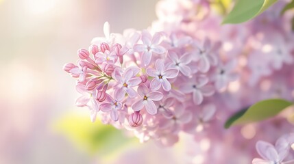 Fototapeta premium Soft pink lilac flowers bloom vibrantly in a sunny spring garden with gentle sunlight filtering through the petals