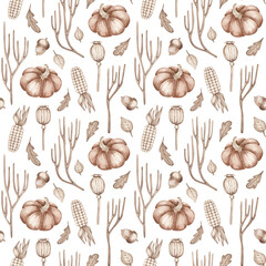 Seamless pattern hand drawn by watercolor. Thanksgiving background. Halloween traditional symbols and fall objects. Pumpkins, autumn nature plants 