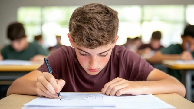 Student in Classroom Focused on Writing Exam Paper with Classmates in Background during Educational Assessment