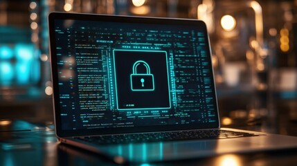 Digital Security Concept on Laptop Displaying Lock Icon, Cybersecurity Data in Background for Technology, Protection, and Online Safety Visuals