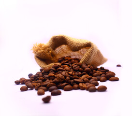 Set of fresh roasted coffee beans Jute sack isolated on white background.