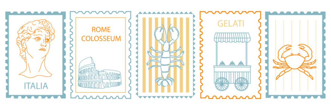 Hand drawn Italy postcard illustrations. Colosseum in Rome, Michelangelo&rsquo;s David bust, lobster, crab, and gelato cart. Italian travel and food doodles in retro stamp frames. Vector flat linear design.