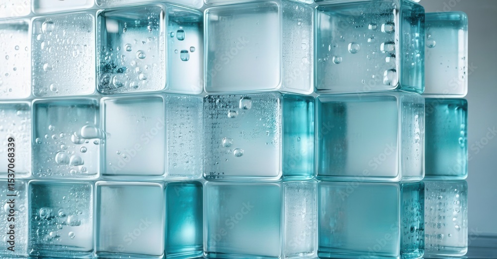 Aufkleber Glass blocks create textured wall. Water droplets visible within translucent squares. Cool blue tones dominate composition.
