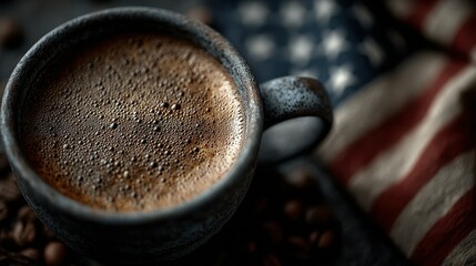 Rich coffee in a textured mug surrounded by coffee beans and an American flag on a dark surface