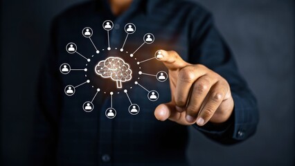 A person touches a virtual brain icon, connected to network nodes, symbolizing artificial intelligence and technology.