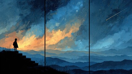 Starlit Desert Landscape with Meteor Shower Silhouette, Night Sky Illustration and Digital Art, Copy Space