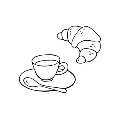 A cup of tea, coffee on a small plate, a spoon, and a croissant hand-drawn vector illustration. Minimalist drawing isolated on white background.