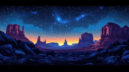 Meteor Shower over Desert at Night, Celestial Sky Scene, Fantasy Art Illustration with Silhouettes, Copy Space