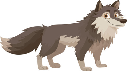 Obraz premium Digital illustration of a cartoon wolf. The wolf is depicted in a side profile view, standing with its body facing left. It has a light brown and grey coat, with darker shading around its legs and