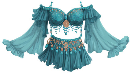 Digital illustration of a belly dance costume. The costume is primarily teal or turquoise with gold embellishments. It features a sheer, ruffled crop top with long, flowing sleeves