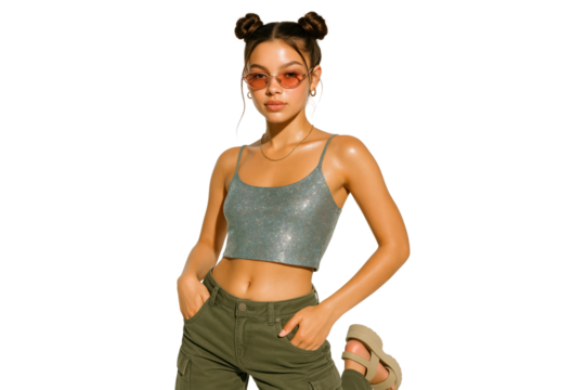 Stylish woman wearing glitter crop top and sunglasses, isolated on transparent background