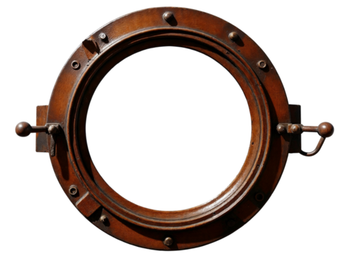 Antique wooden ship porthole isolated on transparent background