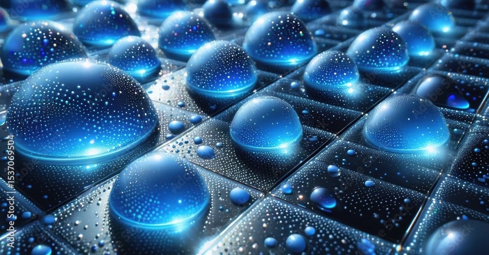 Poster Futuristic grid surface. Glowing blue domes reflect light, creating sparkling droplets. Dark background emphasizes luminous details.