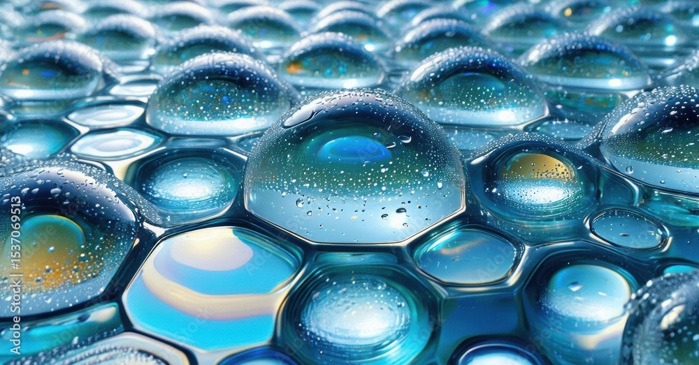Aufkleber Water droplets form hexagonal patterns. Blue, turquoise hues create abstract texture. Light reflects, refracts within liquid spheres. Visually captivating.