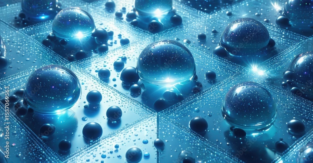 Poster bright blue spheres rest upon reflective grid surface. light sparkles, creating futuristic, digital 