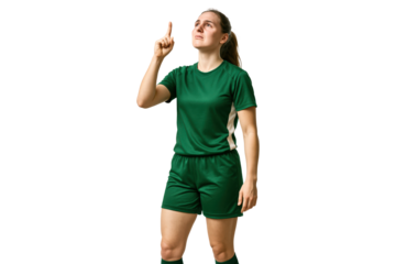 Female soccer player pointing upward, isolated on transparent background