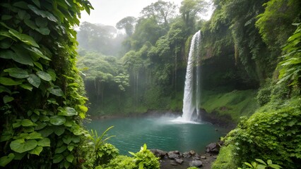 A Tropical Rainforest Waterfall With Lush Greenery,