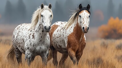 Obraz premium Horses with unique coat patterns in a scenic field during early morning light