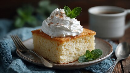Tres leches cake slice topped with whipped cream
