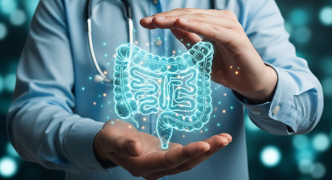 Healthcare professional demonstrating digital intestines model of human gut health symbol doctor gastroenterologist gastroenterology