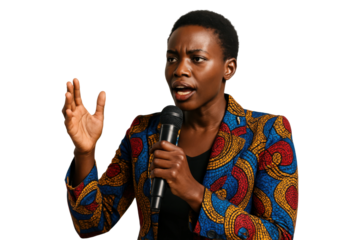 Confident African woman speaking with microphone in colorful jacket, PNG