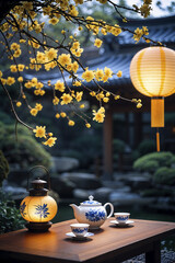 Tea gathering in a tranquil garden under blossoms and lanterns at twilight