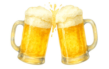 Watercolor Illustration of Two Clinking Beer Mugs – Cheers