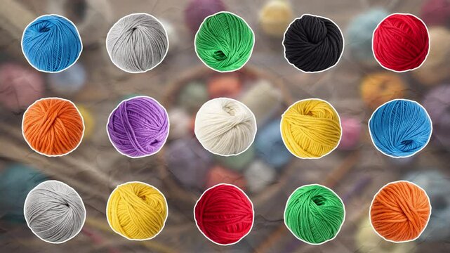 A set of balls of yarn of different colors and sizes appears and moves randomly across the frame. Knitting concept. Smooth animation on color paper background