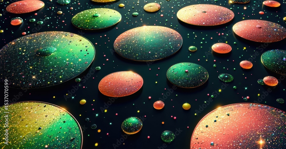 Poster Colorful bubbles float against dark background. Glittering surfaces reflect light, creating cosmic effect. Abstract composition.