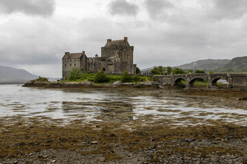 Eilean Donnan Castle in Scotland on a cloudy rainy day