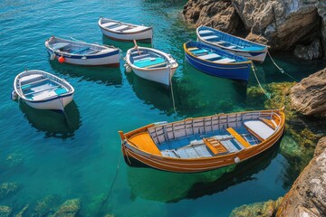 Obraz premium Colorful fishing boats moored in clear turquoise water near rocks