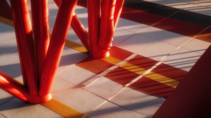 Red structural elements cast shadows on a tiled floor, creating geometric patterns in sunlight.