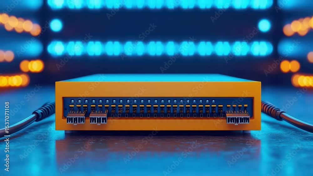 Poster modern network switch with colorful lights in a high-tech data center setting for technology and net