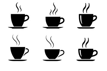 Obraz premium Coffee cup icon set. cup a coffee icon vector.Six steaming coffee cup silhouettes on saucers a simple graphic design perfect for cafe menus or websites.