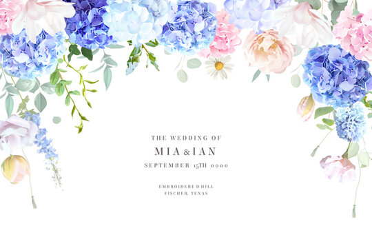 Bridgerton inspired pastel floral vector design frame. Blue delphinium, hydrangea, white magnolia, tulips, rose, hyacinth, greenery and plants card. All flowers and branches are isolated and movable