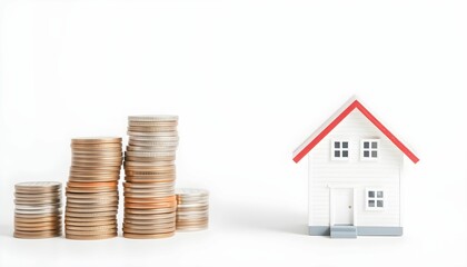 Stacks of coins gradually increasing in height beside a small model house, illustrating savings for homeownership.