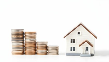 Miniature house next to decreasing stacks of coins, symbolizing financial concepts.