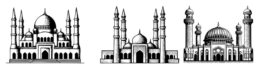 Naklejka premium Vector Detailed illustrations of three ornate Islamic mosques with minarets.